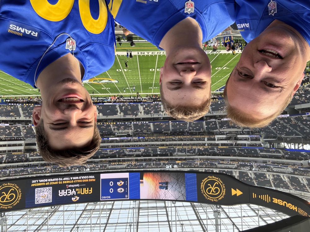 Raggs and Dylan at a Rams game